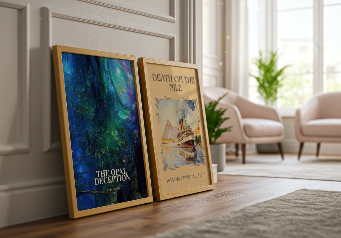 The Opal Deception watercolour print framed by window – literary home decor