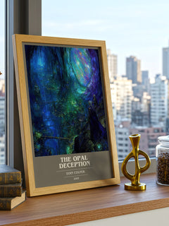 The Opal Deception book cover print framed by window – literary home decor