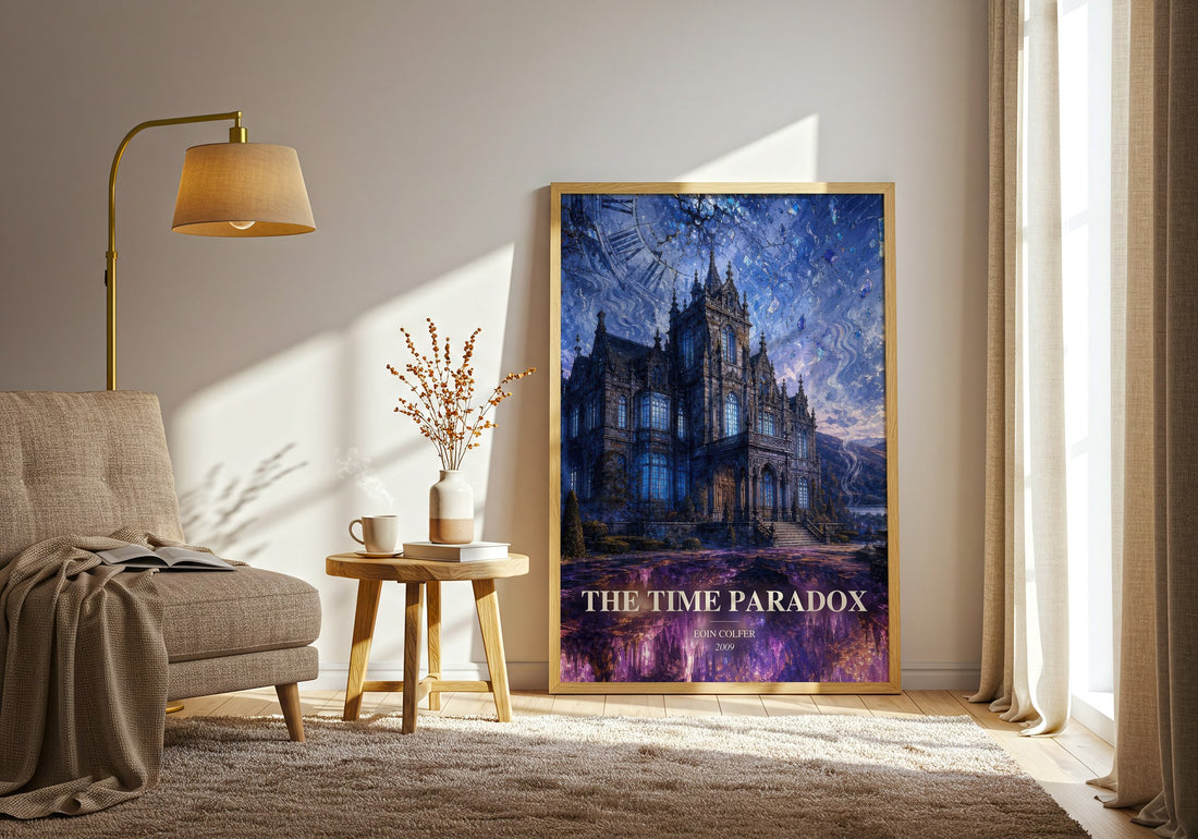 The Time Paradox watercolour print in frame leaning in hallway – fantasy wall art (mockup)