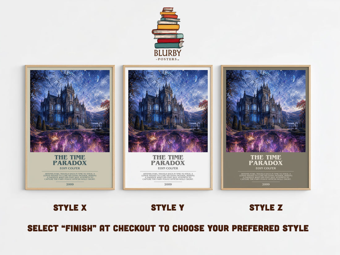 The Time Paradox bookish print in frame leaning in hallway – fantasy wall art (mockup)