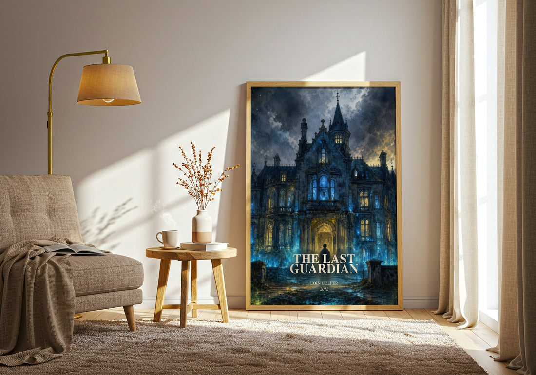 The Last Guardian watercolour print in frame leaning in hallway – fantasy wall art (mockup)