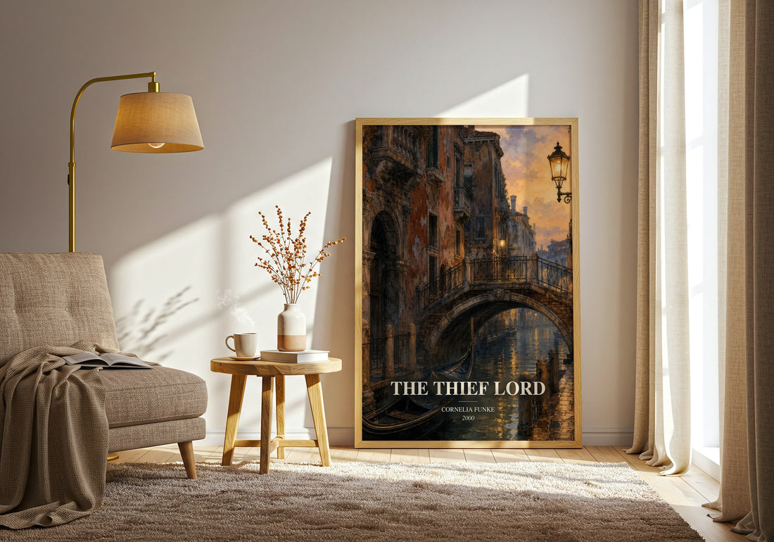The Thief Lord watercolour print in frame leaning in hallway – childrens wall art (mockup)
