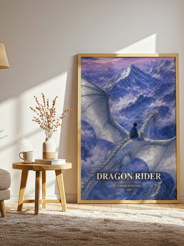 Dragon Rider watercolour print in frame leaning in hallway – fantasy wall art
