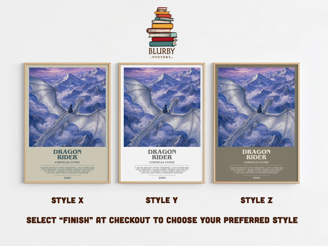 Dragon Rider bookish print in frame leaning in hallway – fantasy wall art (mockup)