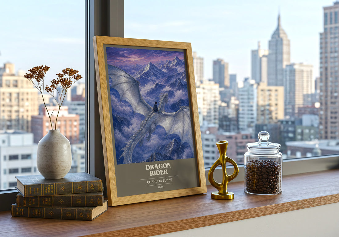 Dragon Rider book cover print framed by window – literary home decor