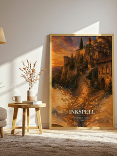 Inkspell watercolour print in frame leaning in hallway – fantasy wall art