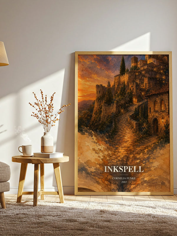 Inkspell watercolour print in frame leaning in hallway – fantasy wall art
