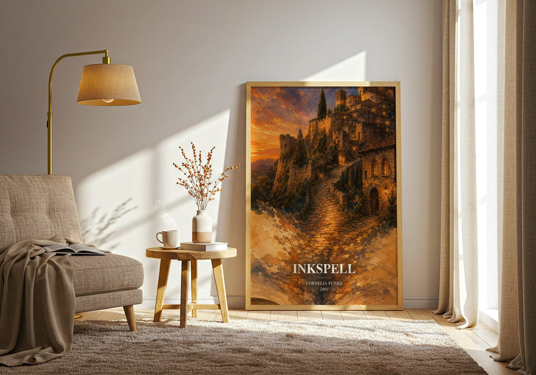 Inkspell watercolour print in frame leaning in hallway – fantasy wall art (mockup)