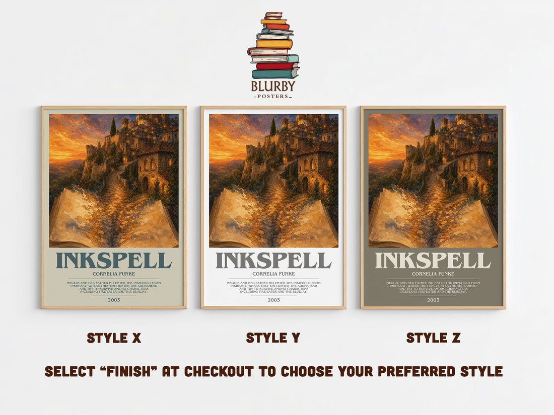 Inkspell bookish print in frame leaning in hallway – fantasy wall art (mockup)