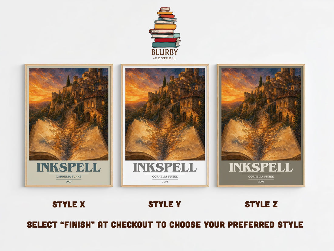 Inkspell book cover print in frame leaning in hallway – fantasy wall art (mockup)
