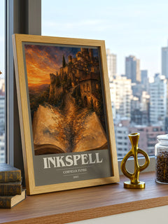 Inkspell book cover print framed by window – literary home decor