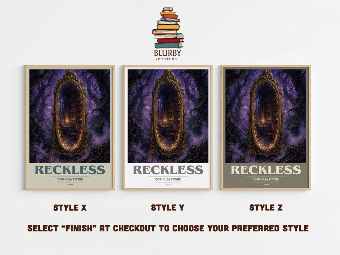 Reckless book cover print in frame leaning in hallway – fantasy wall art (mockup)