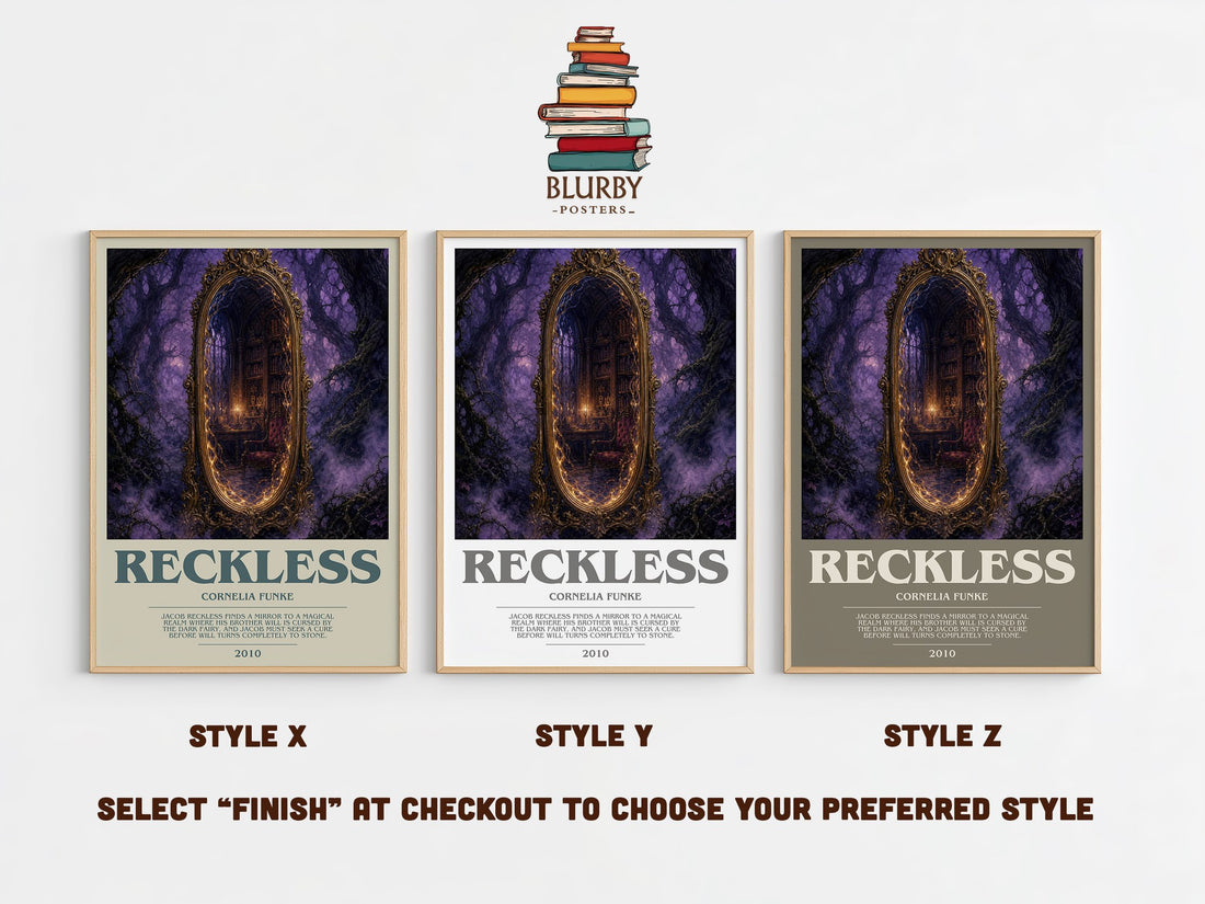Reckless bookish print in frame leaning in hallway – fantasy wall art (mockup)