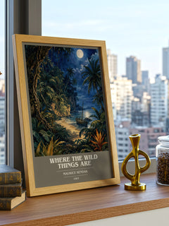 Where the Wild Things Are Book Cover Poster by Maurice Sendak – framed print on a city-view windowsill