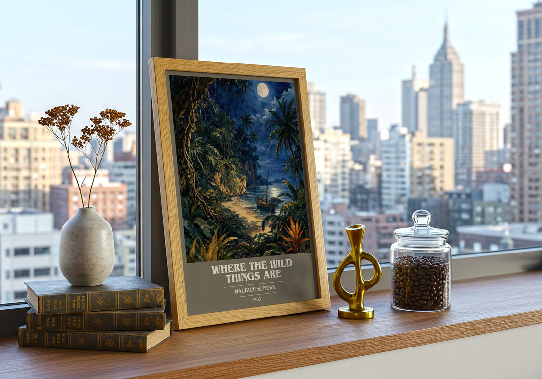 Where the Wild Things Are Book Cover Poster by Maurice Sendak – framed print on a city-view windowsill