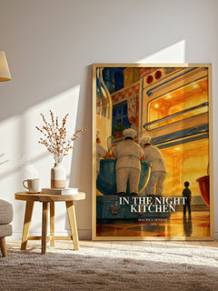 In the Night Kitchen watercolour print in frame leaning in hallway – childrens wall art