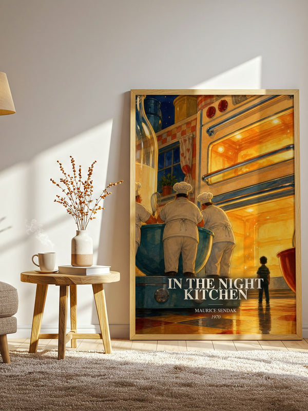 In the Night Kitchen watercolour print in frame leaning in hallway – childrens wall art