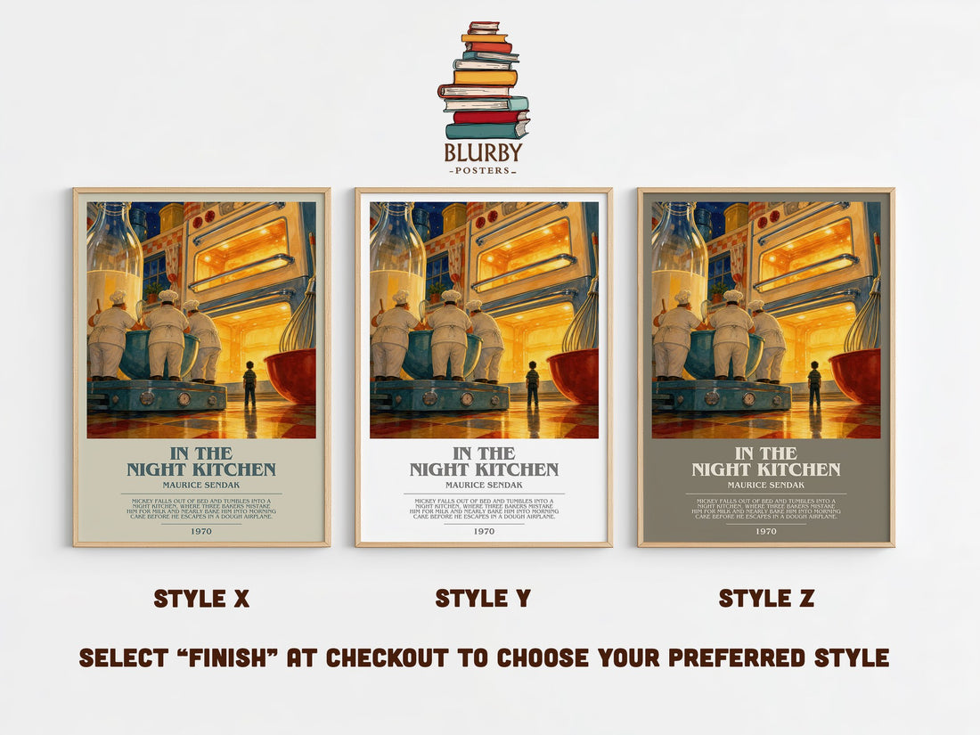 In the Night Kitchen bookish print in frame leaning in hallway – childrens wall art (mockup)