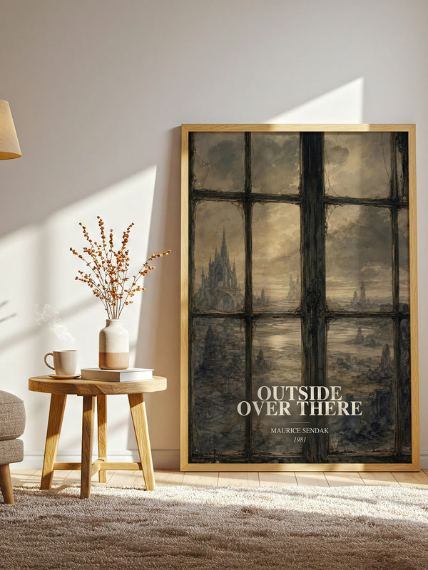 Outside Over There watercolour print in frame leaning in hallway – childrens wall art