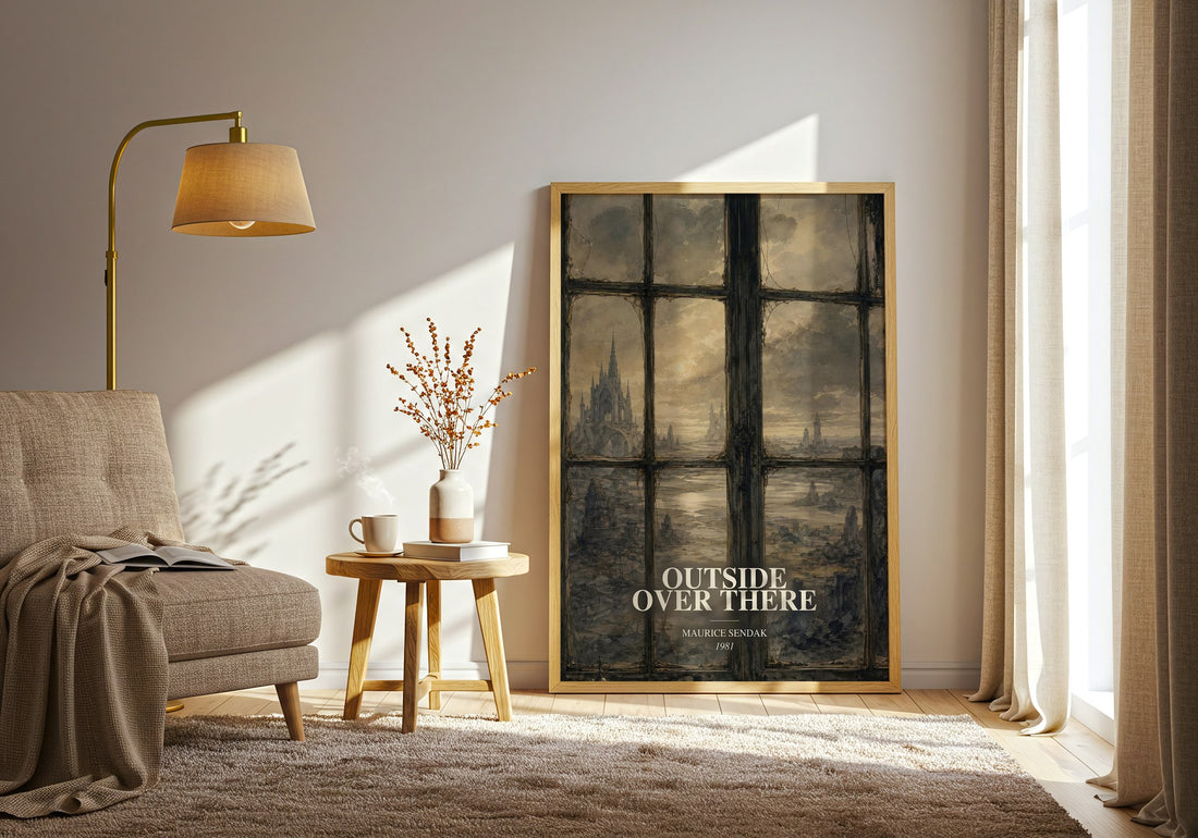 Outside Over There watercolour print in frame leaning in hallway – childrens wall art (mockup)