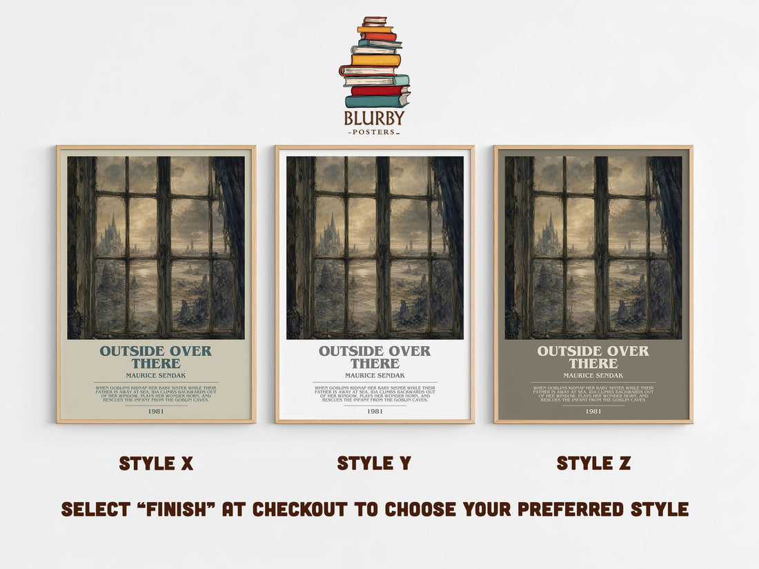 Outside Over There bookish print in frame leaning in hallway – childrens wall art (mockup)