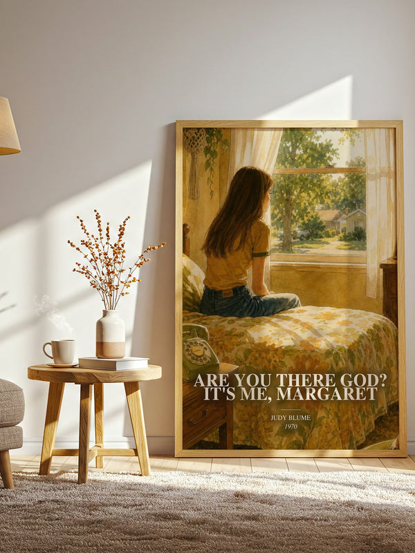 Are You There God? It's Me, Margaret watercolour print in frame leaning in hallway – young adult wall art