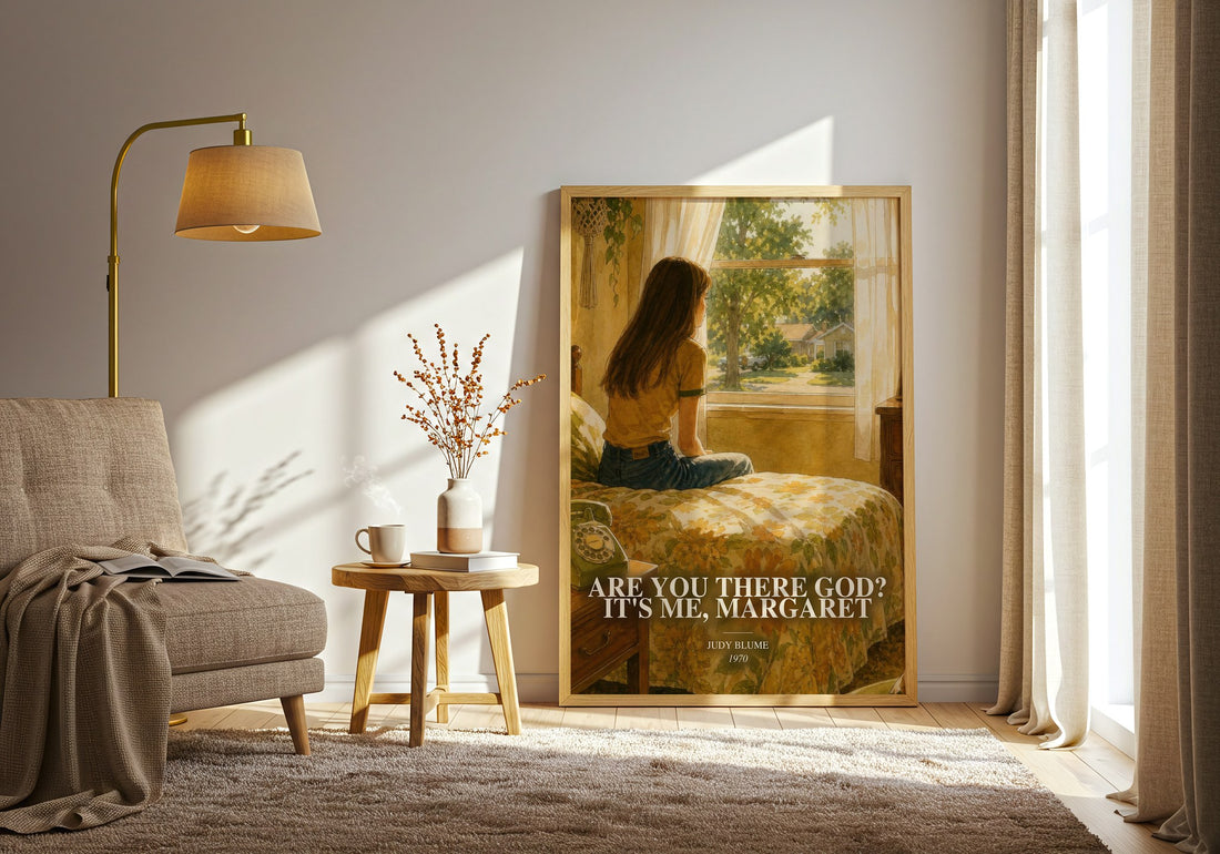 Are You There God? It's Me, Margaret watercolour print in frame leaning in hallway – young adult wall art (mockup)