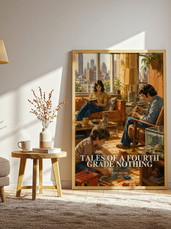 Tales of a Fourth Grade Nothing watercolour print in frame leaning in hallway – childrens wall art
