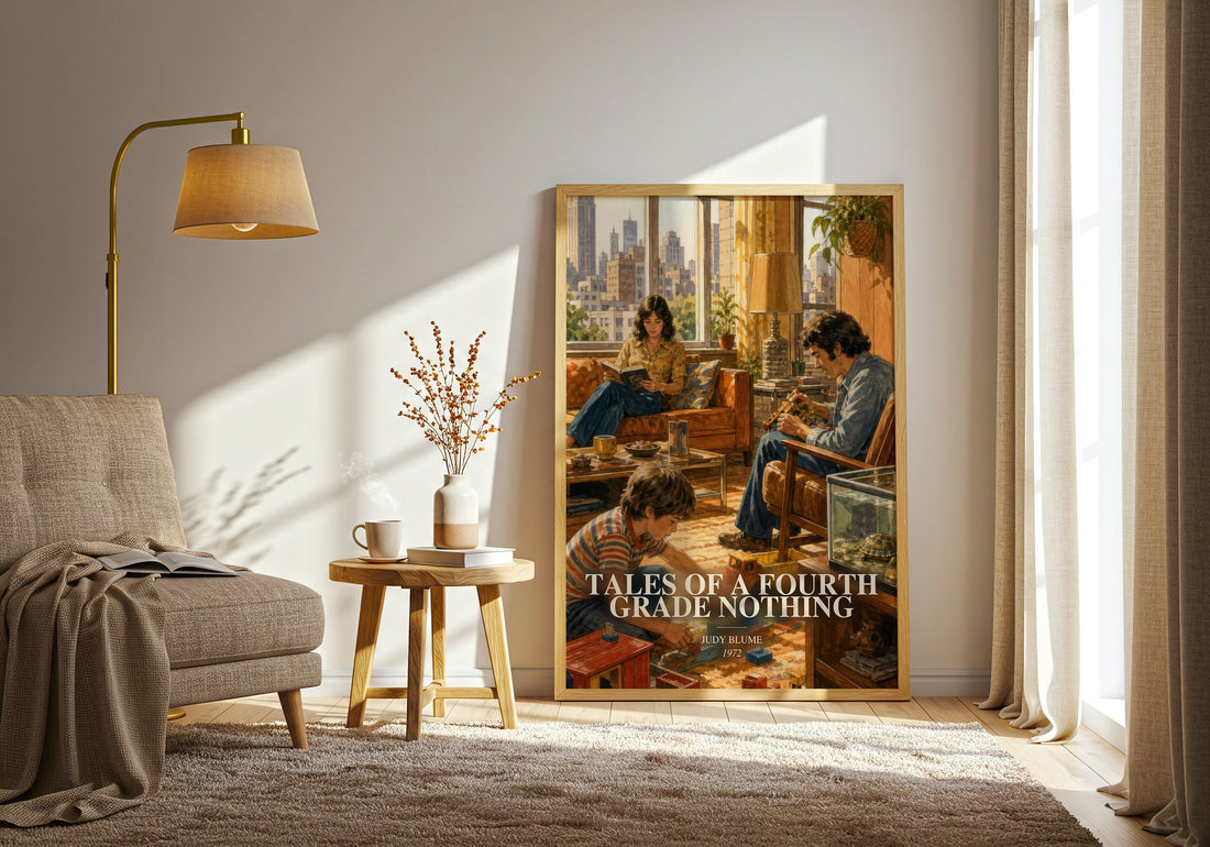 Tales of a Fourth Grade Nothing watercolour print in frame leaning in hallway – childrens wall art (mockup)