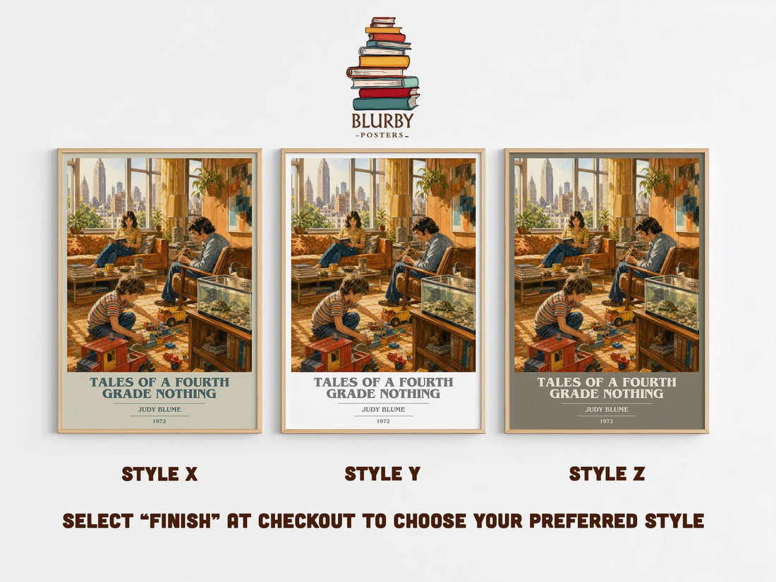 Tales of a Fourth Grade Nothing book cover print in frame leaning in hallway – childrens wall art (mockup)