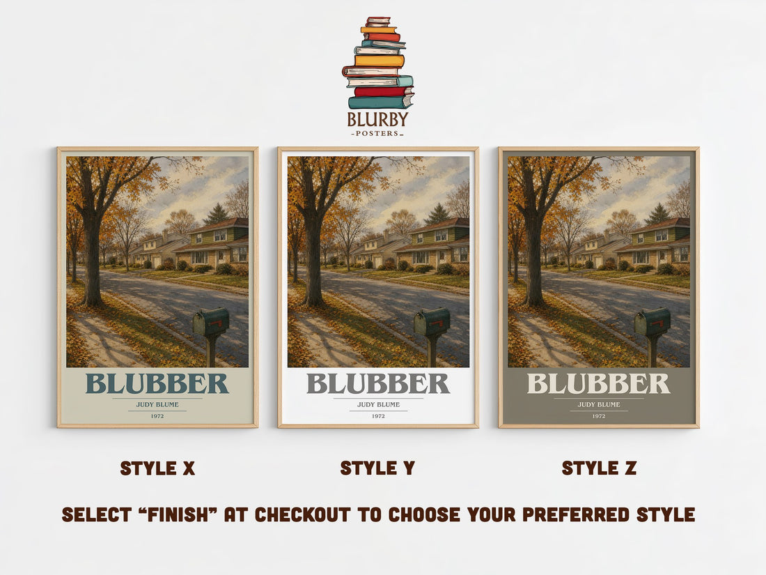 Blubber book cover print in frame leaning in hallway – childrens wall art (mockup)