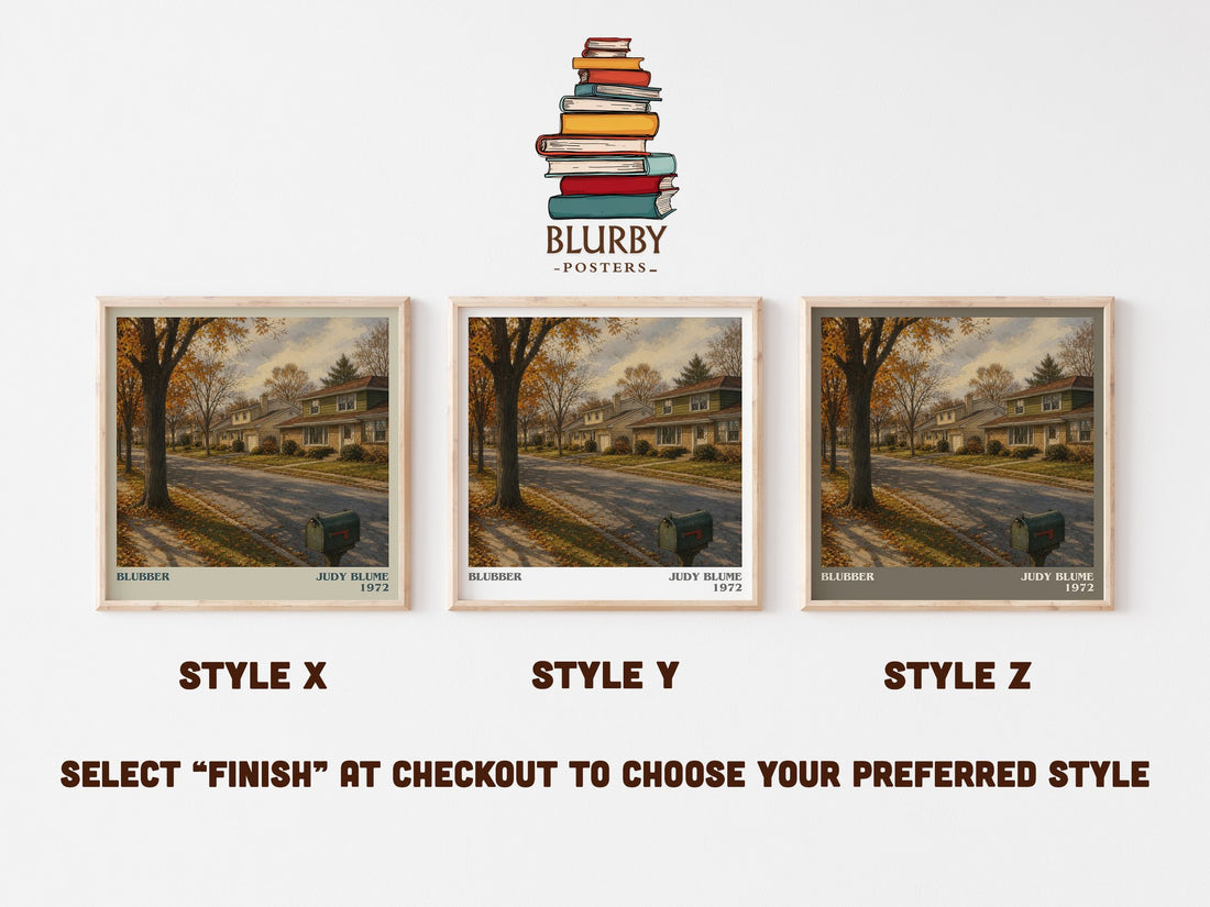 Blubber literary print in frame leaning in hallway – childrens wall art (mockup)