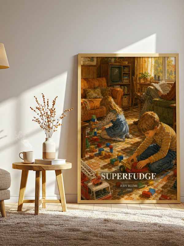 Superfudge watercolour print in frame leaning in hallway – childrens wall art