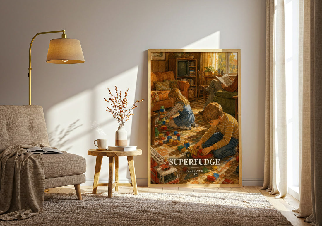 Superfudge watercolour print in frame leaning in hallway – childrens wall art (mockup)