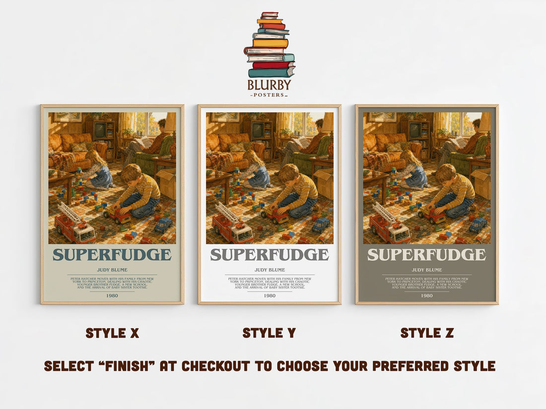 Superfudge bookish print in frame leaning in hallway – childrens wall art (mockup)