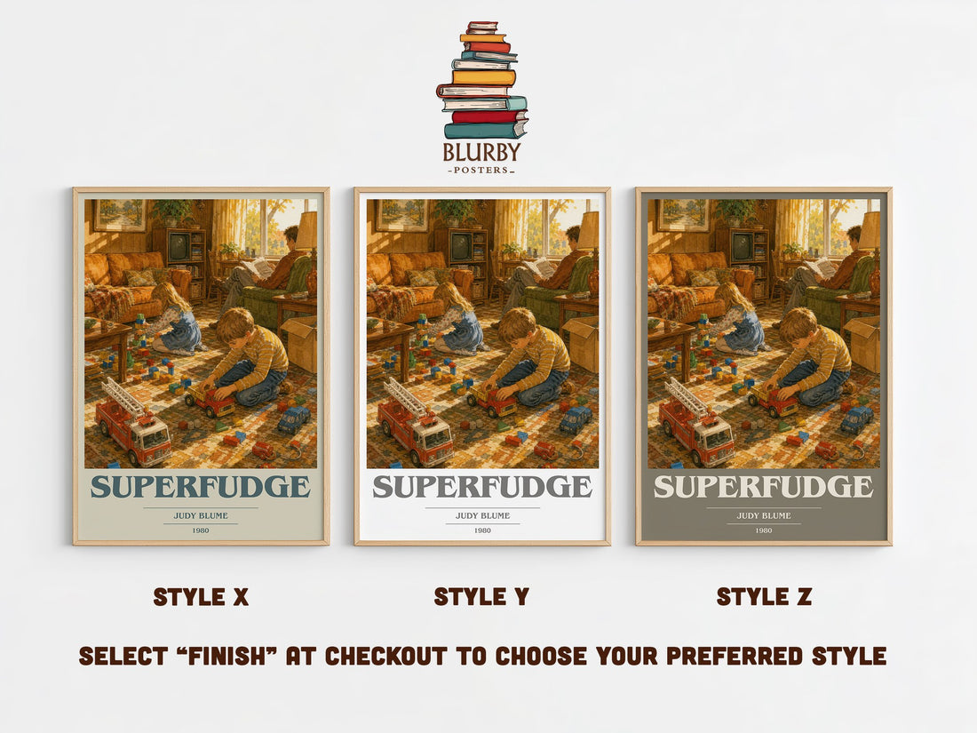 Superfudge book cover print in frame leaning in hallway – childrens wall art (mockup)