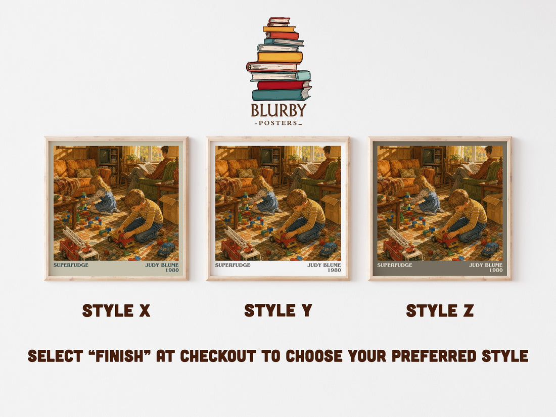Superfudge literary print in frame leaning in hallway – childrens wall art (mockup)