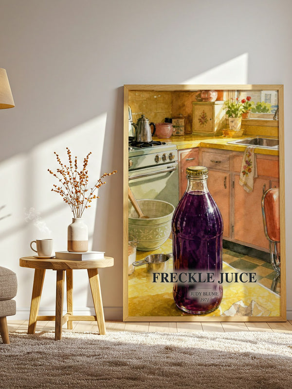 Freckle Juice watercolour print in frame leaning in hallway – childrens wall art