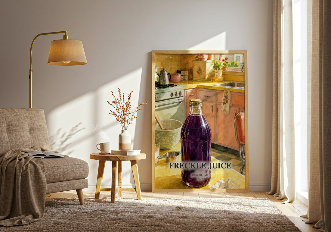 Freckle Juice watercolour print in frame leaning in hallway – childrens wall art (mockup)
