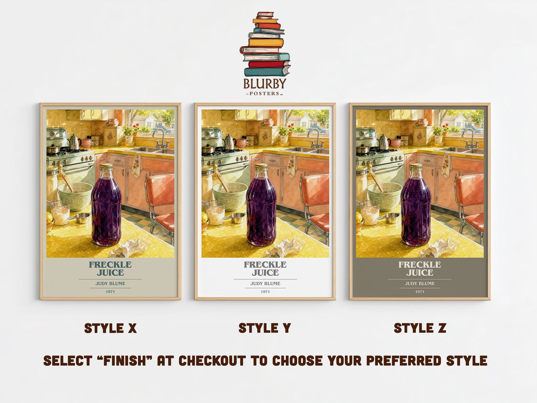 Freckle Juice book cover print in frame leaning in hallway – childrens wall art (mockup)