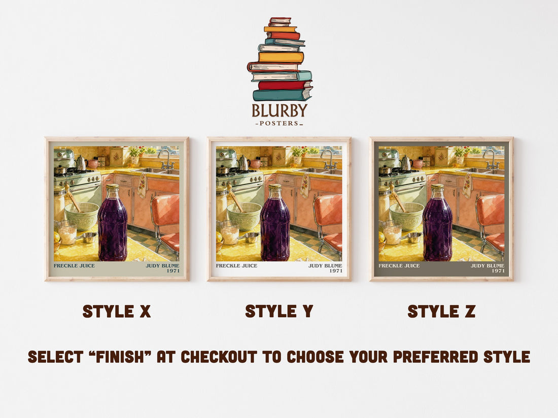 Freckle Juice literary print in frame leaning in hallway – childrens wall art (mockup)