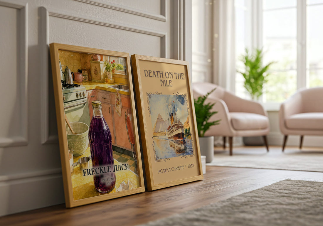 Freckle Juice watercolour print framed by window – literary home decor