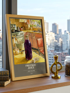 Freckle Juice book cover print framed by window – literary home decor