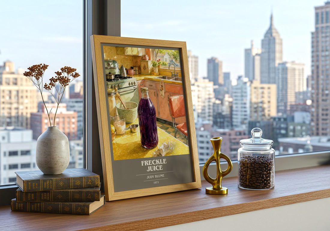Freckle Juice book cover print framed by window – literary home decor
