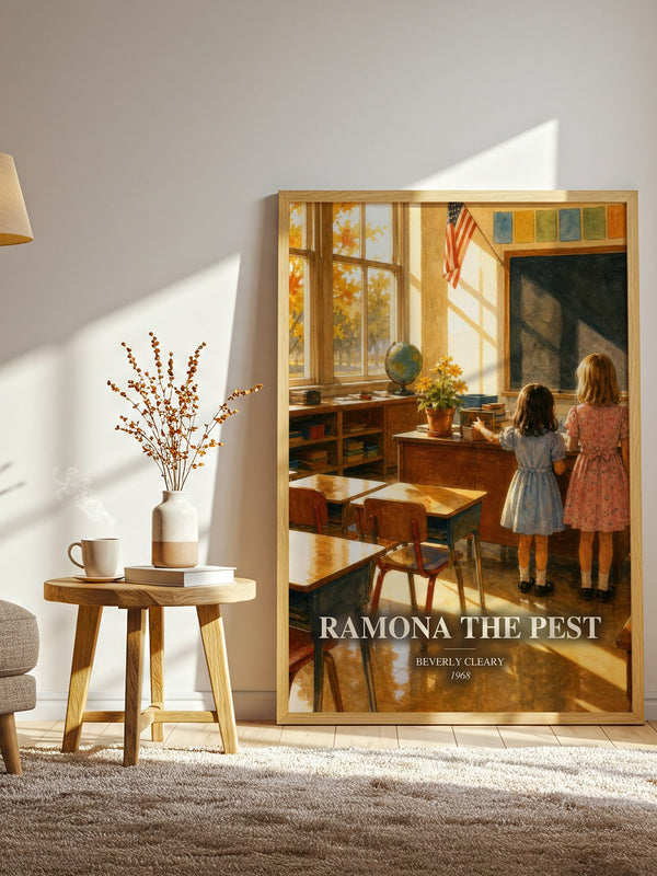 Ramona the Pest watercolour print in frame leaning in hallway – childrens wall art