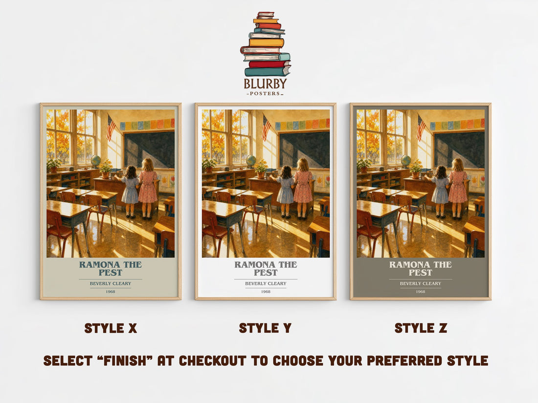 Ramona the Pest book cover print in frame leaning in hallway – childrens wall art (mockup)