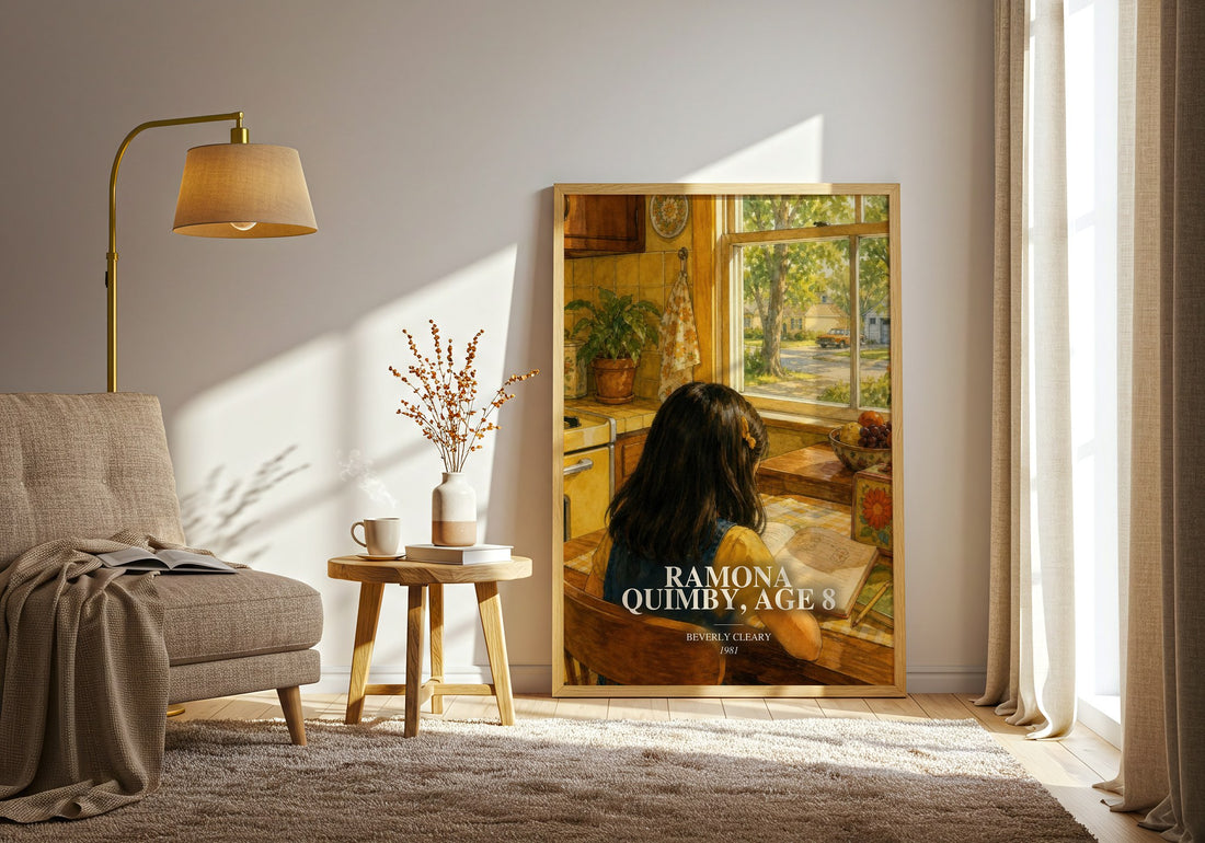 Ramona Quimby, Age 8 watercolour print in frame leaning in hallway – childrens wall art (mockup)