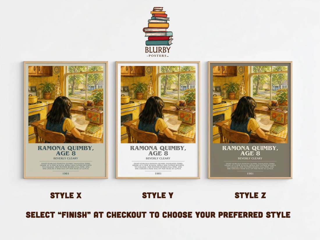 Ramona Quimby, Age 8 bookish print in frame leaning in hallway – childrens wall art (mockup)