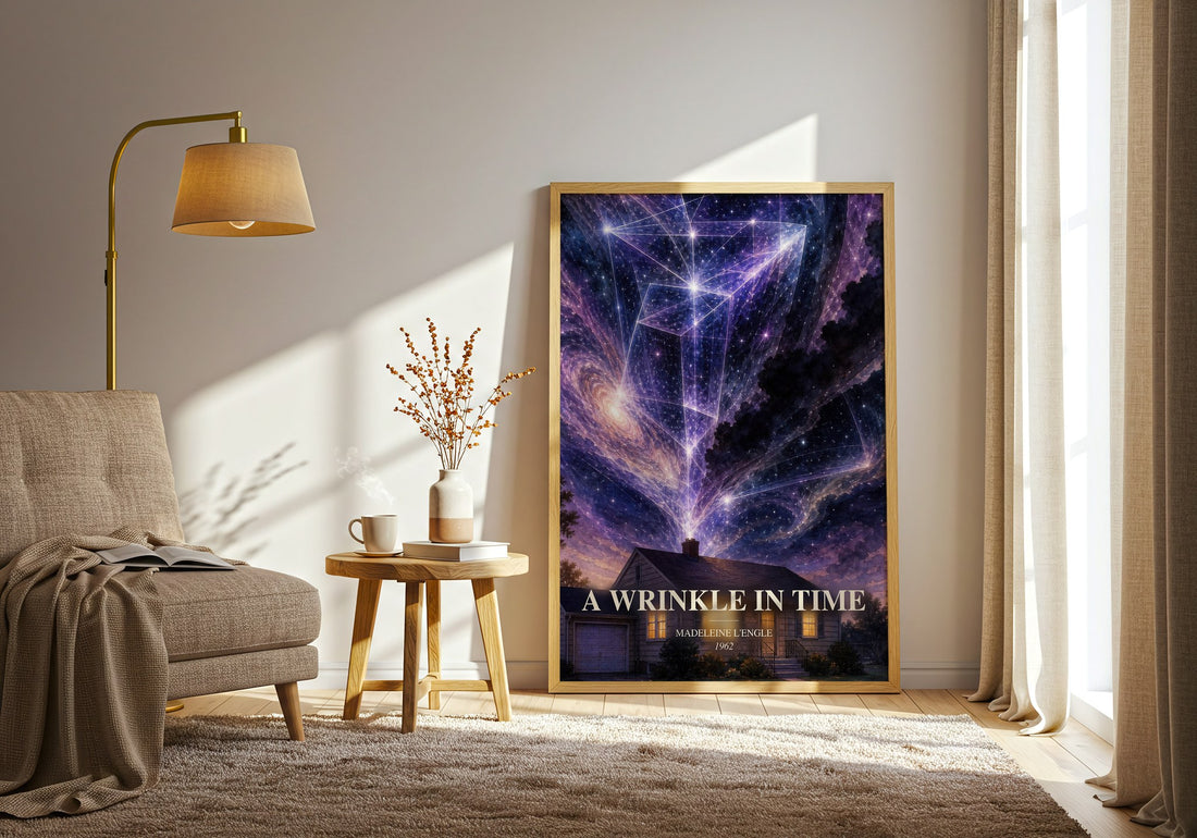 A Wrinkle in Time watercolour print in frame leaning in hallway – sci fi wall art (mockup)