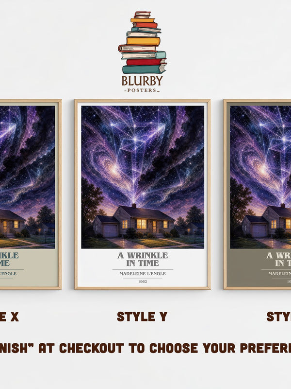 A Wrinkle in Time book cover print in frame leaning in hallway – sci fi wall art